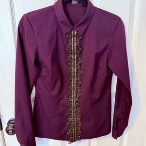 Elie Tahari Purple Button Down Blouse with Metallic Gold Eyelash Lace Trim - XS